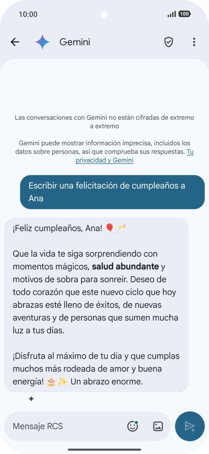 La propuesta de texto de Gemini se visualiza ahora en la pantalla.