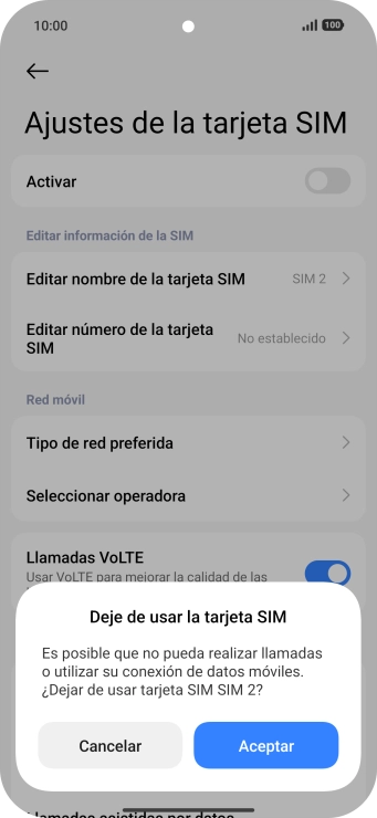 Si desactivas el uso de la línea móvil (SIM), debes pulsar Aceptar.