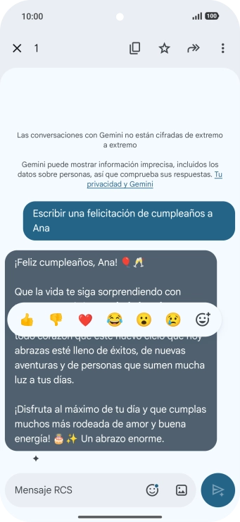 Pulsa la propuesta de texto de Gemini durante unos instantes. Sigue las indicaciones de la pantalla para utilizar el texto propuesto.