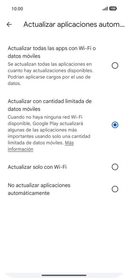 Para activar la actualización automática de apps a través de la red móvil, pulsa el campo junto a 