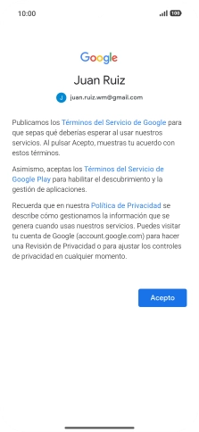Pulsa Acepto y sigue las indicaciones de la pantalla para seleccionar los ajustes de tu cuenta de Google.