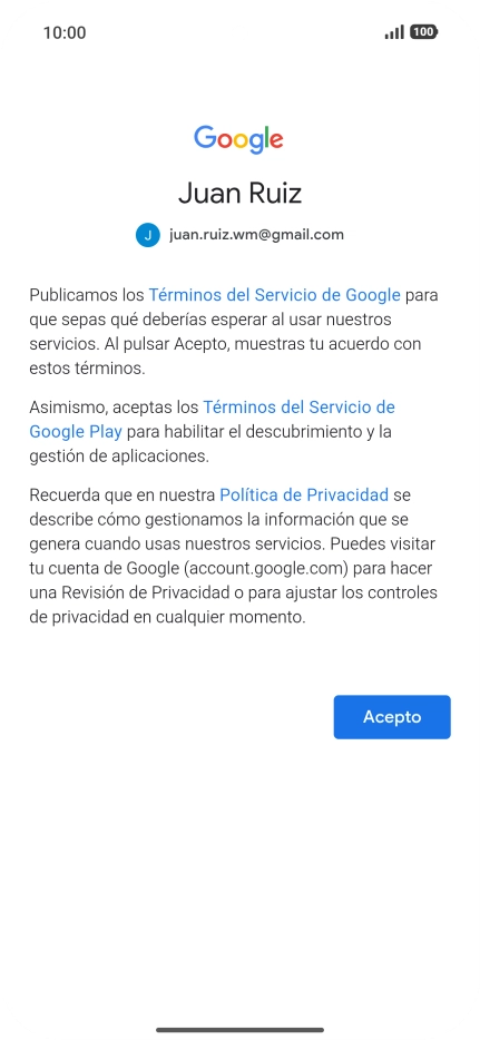 Pulsa Acepto y sigue las indicaciones de la pantalla para seleccionar los ajustes de tu cuenta de Google.