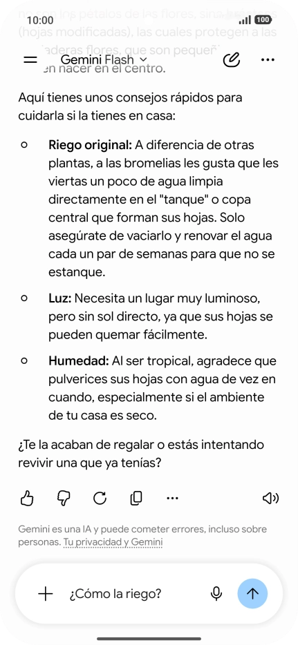 Sigue las indicaciones de la pantalla para escribir o decir en alto más preguntas y continuar la conversación.