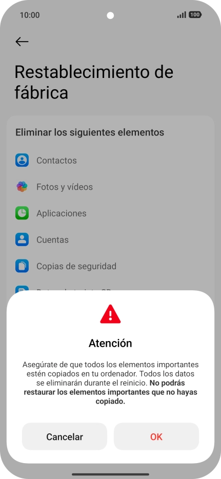 Pulsa OK. Espera unos instantes mientras el teléfono restablece la configuración predeterminada. Sigue las indicaciones de la pantalla para configurar el teléfono y dejarlo listo para su uso.