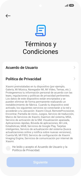 Pulsa en el campo  para aceptar los términos y condiciones.