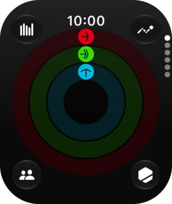 The screen will tell you how far you are from completing your daily activity goals. When the coloured rings are closed, you've reached the goals of your daily activity. The screen will tell you how far you are from completing your daily activity goals. When the coloured rings are closed, you've reached the goals of your daily activity.