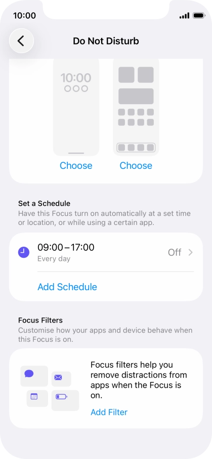 Press Add Schedule and follow the instructions on the screen to select settings for automatic activation of Do Not Disturb.