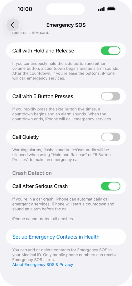 Press Set up Emergency Contacts in Health and follow the instructions on the screen to key in your emergency info and emergency contacts.