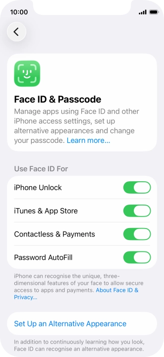 Press the indicators next to the required settings to turn them on or off.