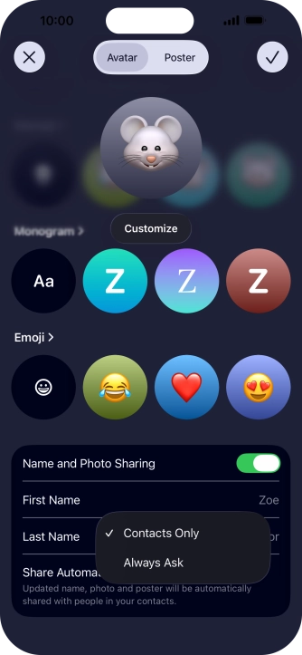 Press the required setting.
