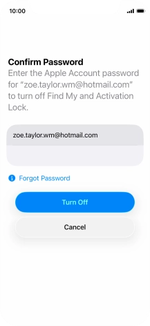 Key in the password for your Apple Account and press Turn Off. Wait a moment while the factory default settings are restored. Follow the instructions on the screen to set up your phone and prepare it for use.