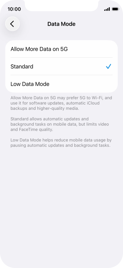 Press the required setting.