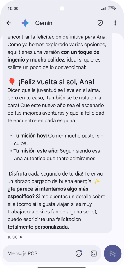 La propuesta de texto de Gemini se visualiza ahora en la pantalla.