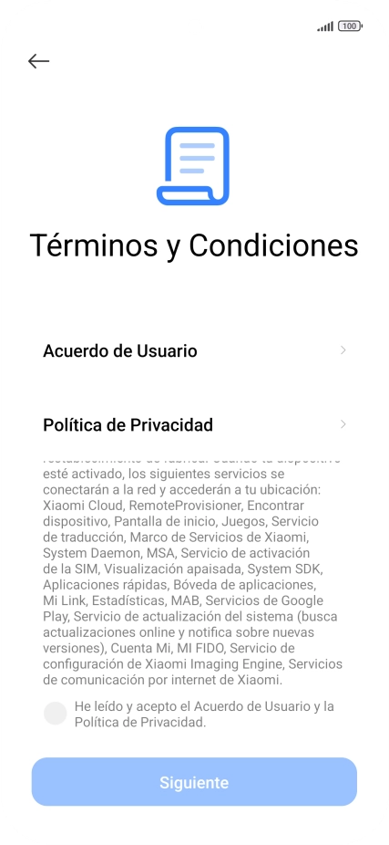 Pulsa en el campo  para aceptar los términos y condiciones.