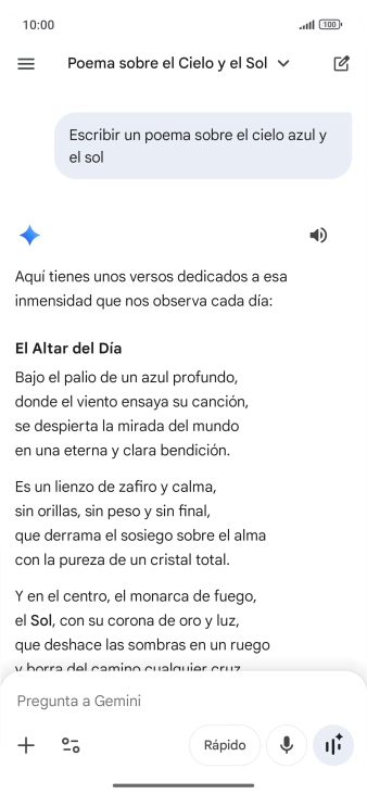 A Gemini le puedes pedir que genere un texto a partir de una descripción tuya.