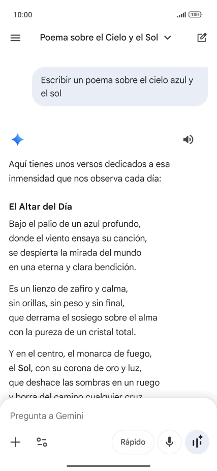 A Gemini le puedes pedir que genere un texto a partir de una descripción tuya.