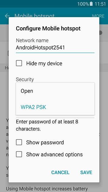 If you want to password protect your hotspot:Press WPA2 PSK.