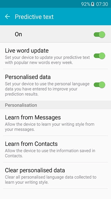 Press Personalised data until the function is turned on.