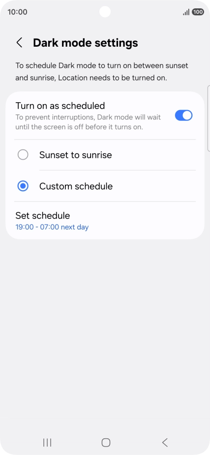 Press the required setting.