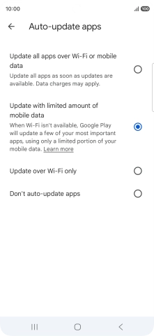 To turn on automatic update of apps using mobile network, press Update all apps over Wi-Fi or mobile data. To turn on automatic update of apps using mobile network, press Update all apps over Wi-Fi or mobile data.
