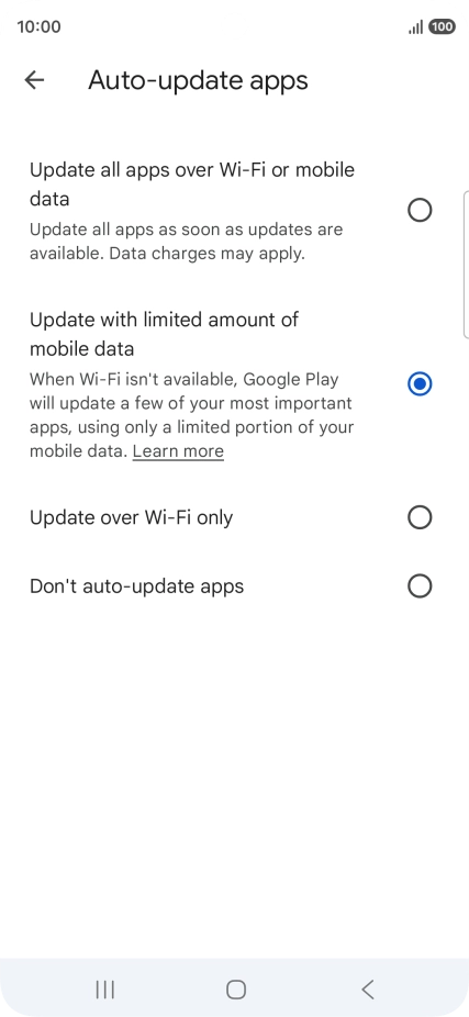 To turn on automatic update of apps using mobile network, press Update all apps over Wi-Fi or mobile data. To turn on automatic update of apps using mobile network, press Update all apps over Wi-Fi or mobile data.