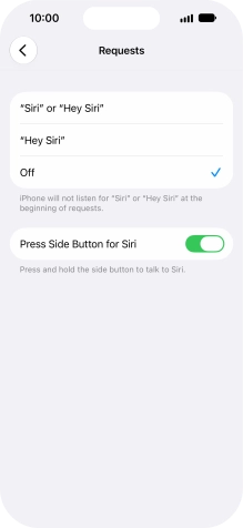 Press the required setting to turn the function on or off. If you turn on the function, you need to follow the instructions on the screen to set up Siri to recognise your voice.