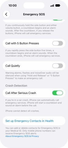 Press Set up Emergency Contacts in Health and follow the instructions on the screen to key in your emergency info and emergency contacts. Press Set up Emergency Contacts in Health and follow the instructions on the screen to key in your emergency info and emergency contacts.