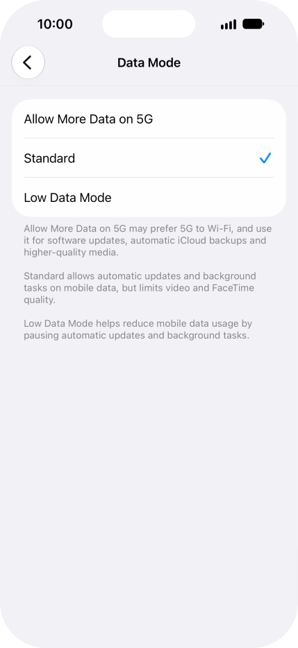 Press the required setting.