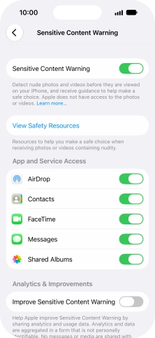 Press the indicators next to the required applications to turn the function on or off.