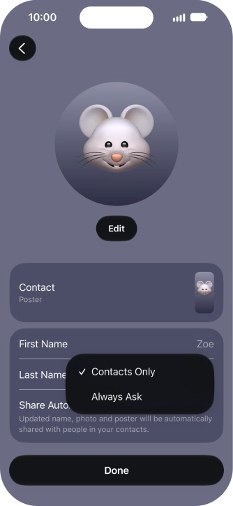 Press the required setting.
