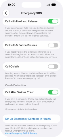 Press Set up Emergency Contacts in Health and follow the instructions on the screen to key in your emergency info and emergency contacts. Press Set up Emergency Contacts in Health and follow the instructions on the screen to key in your emergency info and emergency contacts.