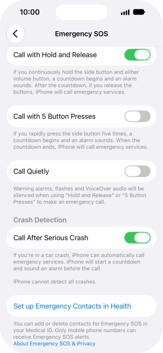 Press Set up Emergency Contacts in Health and follow the instructions on the screen to key in your emergency info and emergency contacts. Press Set up Emergency Contacts in Health and follow the instructions on the screen to key in your emergency info and emergency contacts.