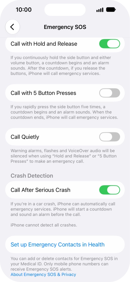 Press Set up Emergency Contacts in Health and follow the instructions on the screen to key in your emergency info and emergency contacts. Press Set up Emergency Contacts in Health and follow the instructions on the screen to key in your emergency info and emergency contacts.