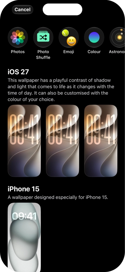 Press the required category and follow the instructions on the screen to select the required background image.