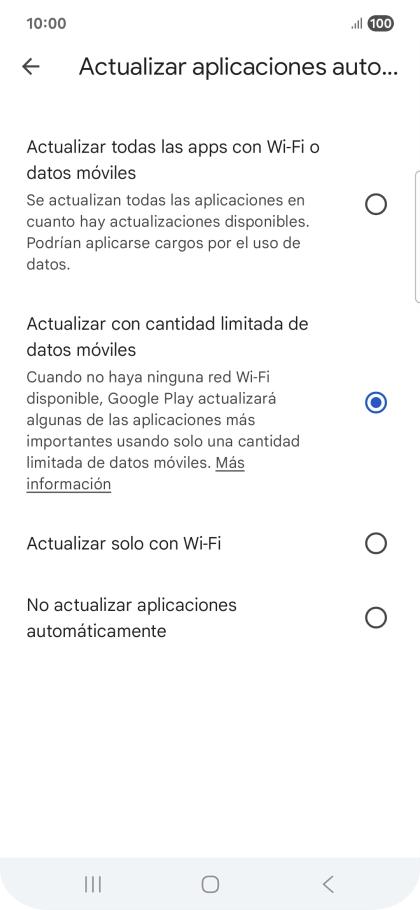 Para activar la actualización automática de apps utilizando la red móvil, pulsa Actualizar todas las apps con Wi-Fi o datos móviles.