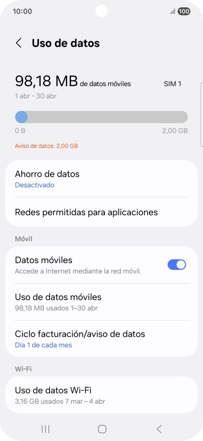 El consumo total de datos se visualiza ahora en la pantalla.