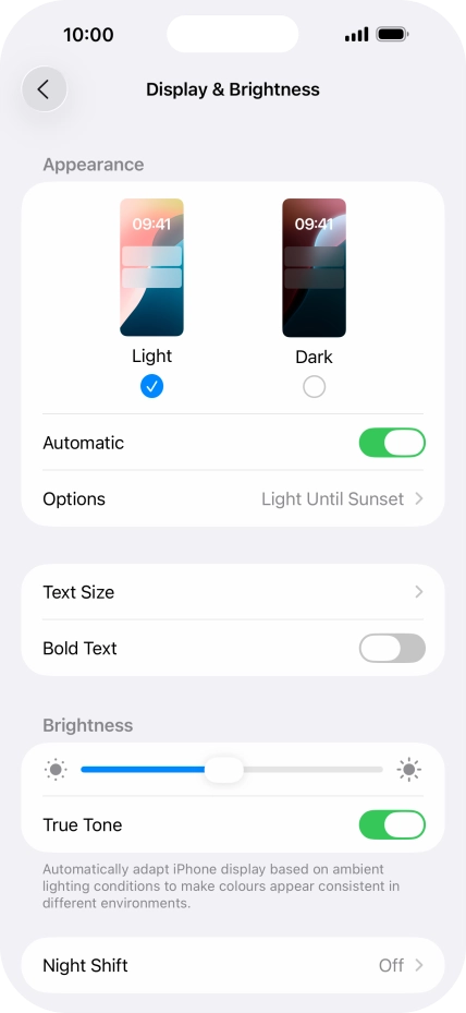 If you turn on the function, press Options and follow the instructions on the screen to select the required period of time for Dark Mode.