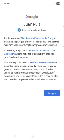 Pulsa Acepto y sigue las indicaciones de la pantalla para seleccionar los ajustes de tu cuenta de Google.