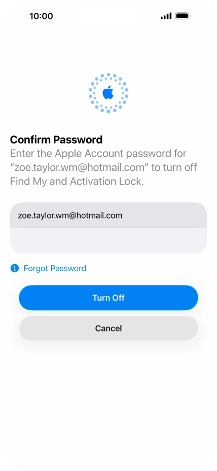 Key in the password for your Apple Account and press Turn Off. Wait a moment while the factory default settings are restored. Follow the instructions on the screen to set up your phone and prepare it for use.