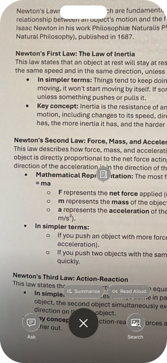 To use visual intelligence on a text, take a picture of the text, press the required setting and follow the instructions on the screen to use the function.