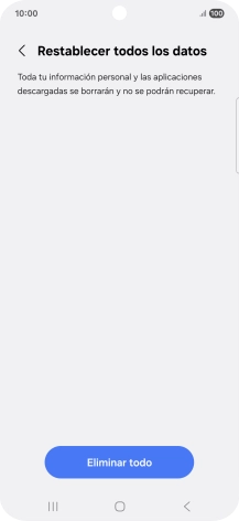 Pulsa Eliminar todo. Espera unos instantes mientras el teléfono restablece la configuración predeterminada. Sigue las indicaciones de la pantalla para configurar el teléfono y dejarlo listo para su uso.
