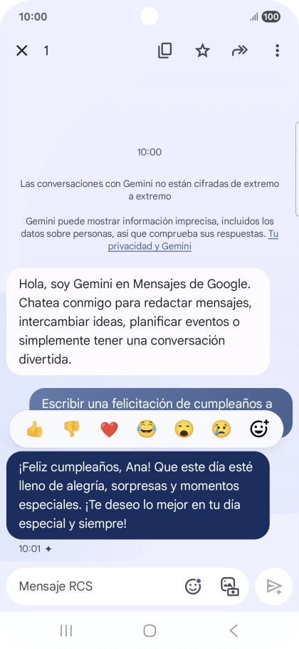 Pulsa la propuesta de texto de Gemini durante unos instantes. Sigue las indicaciones de la pantalla para utilizar el texto propuesto.