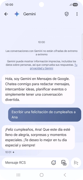 La propuesta de texto de Gemini se visualiza ahora en la pantalla.