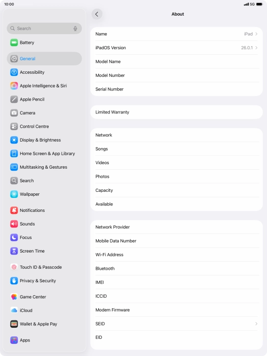 Your tablet's software version is displayed next to iPadOS Version.