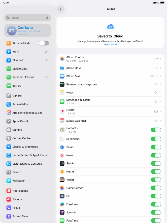 Press the indicators next to the required data types to turn synchronisation of each data type on or off. Press the indicators next to the required data types to turn synchronisation of each data type on or off.