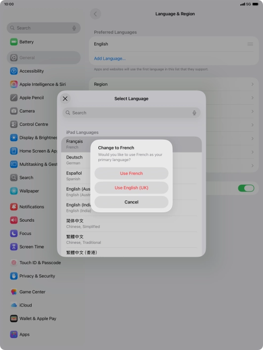 To select the new language as the default tablet language, press Use ‹language›.
