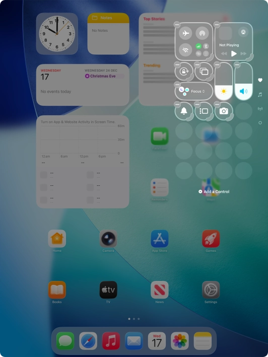 Press Add a Control and follow the instructions on the screen to add the required function to Control Centre.
