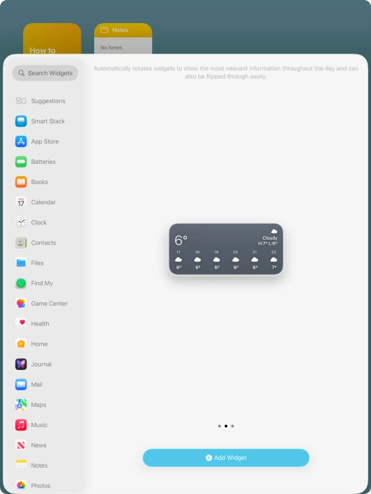 Slide your finger right or left on the screen to select the required widget size.