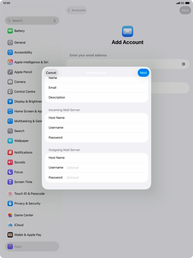 Press Username and key in the username for your email account.