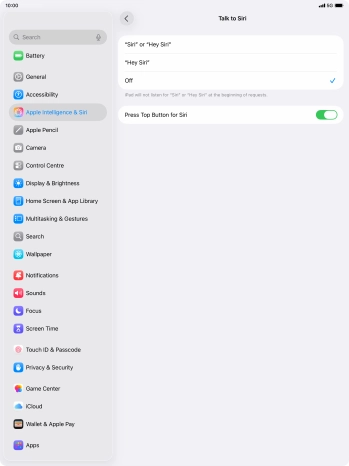 Press the required setting to turn the function on or off. If you turn on the function, you need to follow the instructions on the screen to set up Siri to recognise your voice. Press the required setting to turn the function on or off. If you turn on the function, you need to follow the instructions on the screen to set up Siri to recognise your voice.